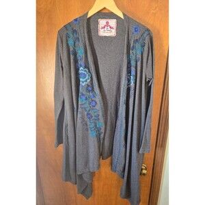 Johnny Was Gray Floral Draped Cardigan Embroidered Open Front Duster Size Medium